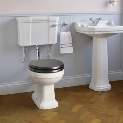 Ideal Standard Waverley Low Level White Boxed Rim High-Low Toilet & Cistern With Black Standard Close Seat & Low Level Cistern
