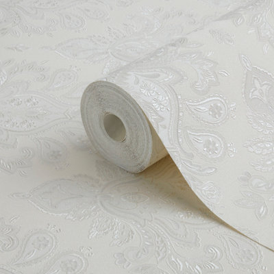 Goodhome Abeli White Russian Damask Metallic Effect Shabby Chic Textured Wallpaper