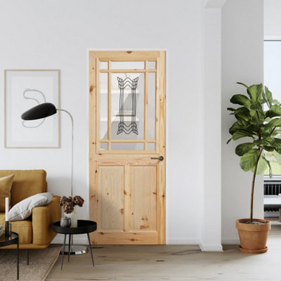Fortia 2 Panel Screen-Printed Glazed Contemporary Natural Pine Veneer Internal Timber Door, (H)2032Mm (W)813Mm (T)35Mm