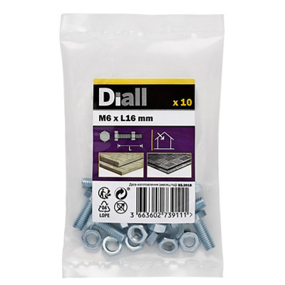 Diall M6 Hex Carbon Steel (Grade 5.8) Bolt & Nut (L)16Mm, Pack Of 10