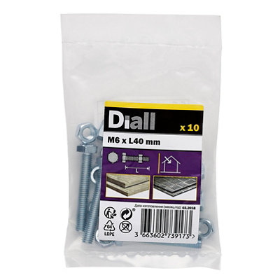 Diall M6 Hex Carbon Steel (Grade 5.8) Bolt & Nut (L)40Mm, Pack Of 10