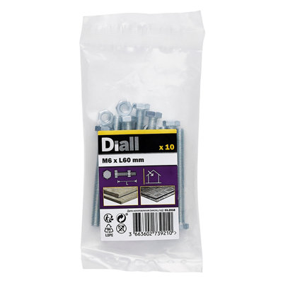 Diall M6 Hex Carbon Steel (Grade 5.8) Bolt & Nut (L)60Mm, Pack Of 10