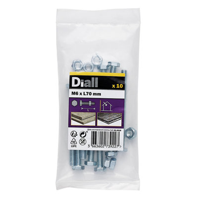 Diall M6 Hex Carbon Steel (Grade 5.8) Bolt & Nut (L)70Mm, Pack Of 10