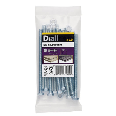 Diall M6 Hex Carbon Steel (Grade 5.8) Bolt & Nut (L)100Mm, Pack Of 10