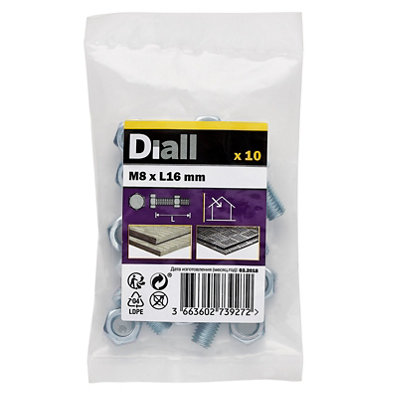 Diall M8 Hex Carbon Steel (Grade 5.8) Bolt & Nut (L)16Mm, Pack Of 10