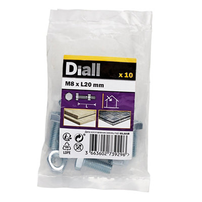 Diall M8 Hex Carbon Steel (Grade 5.8) Bolt & Nut (L)20Mm, Pack Of 10