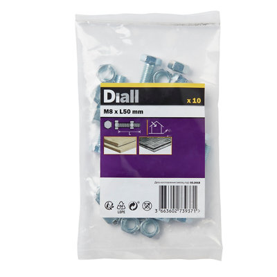 Diall M8 Hex Carbon Steel Bolt & Nut (L)50Mm, Pack Of 10