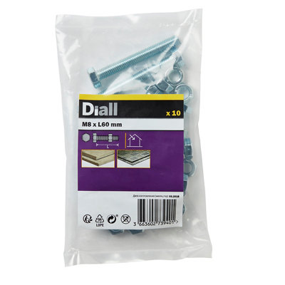 Diall M8 Hex Carbon Steel Bolt & Nut (L)60Mm, Pack Of 10