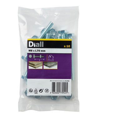 Diall M8 Hex Carbon Steel Bolt & Nut (L)70Mm, Pack Of 10