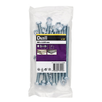 Diall M8 Hex Carbon Steel (Grade 5.8) Bolt & Nut (L)120Mm, Pack Of 10