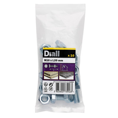 Diall M10 Hex Carbon Steel (Grade 5.8) Bolt & Nut (L)20Mm, Pack Of 10