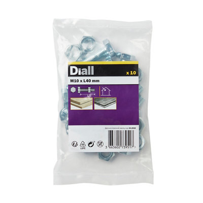 Diall M10 Hex Carbon Steel Bolt & Nut (L)40Mm, Pack Of 10
