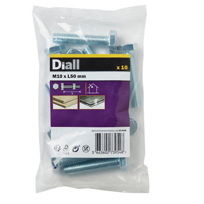 Diall M10 Hex Carbon Steel Bolt & Nut (L)50Mm, Pack Of 10