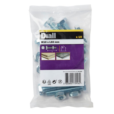 Diall M10 Hex Carbon Steel Bolt & Nut (L)60Mm, Pack Of 10