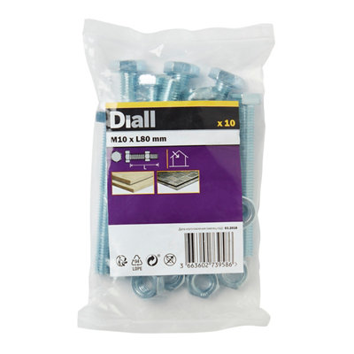 Diall M10 Hex Carbon Steel Bolt & Nut (L)80Mm, Pack Of 10