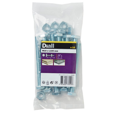 Diall M10 Hex Carbon Steel Bolt & Nut (L)100Mm, Pack Of 10