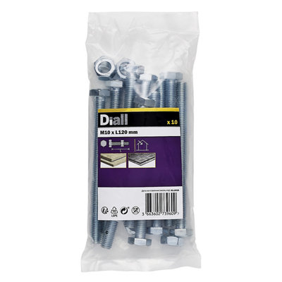 Diall M10 Hex Carbon Steel (Grade 5.8) Bolt & Nut (L)120Mm, Pack Of 10