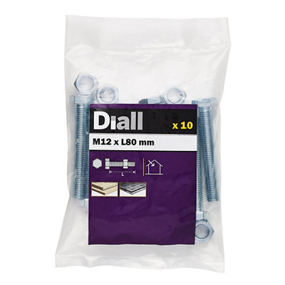 Diall M12 Hex Carbon Steel (Grade 5.8) Bolt & Nut (L)80Mm, Pack Of 10