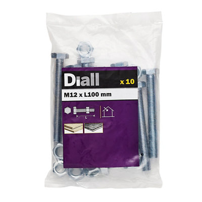 Diall M12 Hex Carbon Steel (Grade 5.8) Bolt & Nut (L)100Mm, Pack Of 10