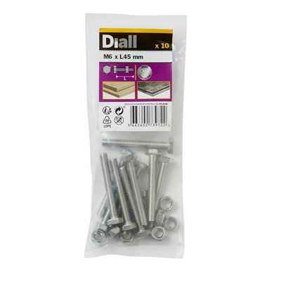 Diall M6 Hex Stainless Steel Bolt & Nut (L)45Mm (Dia)6Mm, Pack Of 10