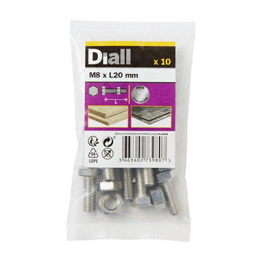 Diall M8 Hex Stainless Steel Bolt & Nut (L)20Mm (Dia)8Mm, Pack Of 10