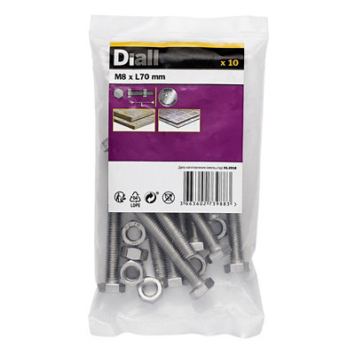 Diall M8 Hex A2 Stainless Steel Bolt & Nut (L)70Mm (Dia)8Mm, Pack Of 10