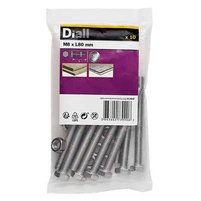 Diall M8 Hex A2 Stainless Steel Bolt & Nut (L)80Mm, Pack Of 10