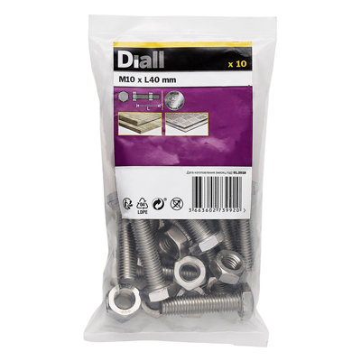 Diall M10 Hex A2 Stainless Steel Bolt & Nut (L)40Mm (Dia)10Mm, Pack Of 10