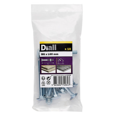 Diall M6 Coach Bolt & Nut (L)60Mm, Pack Of 10