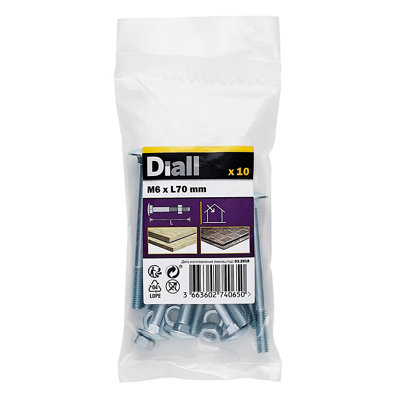 Diall M6 Coach Bolt & Nut (L)70Mm, Pack Of 10