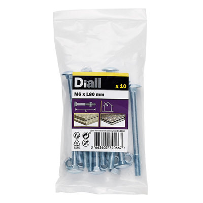Diall M6 Coach Bolt & Nut (L)80Mm, Pack Of 10