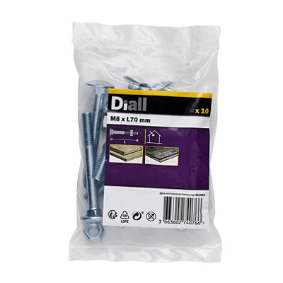 Diall M8 Coach Bolt & Nut (L)70Mm, Pack Of 10