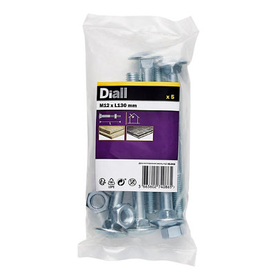 Diall M12 Coach Bolt & Nut (L)130Mm, Pack Of 5