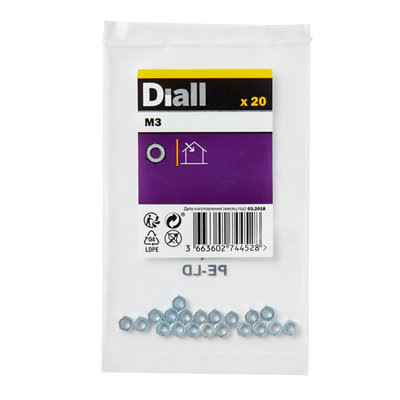 Diall M3 Carbon Steel Hex Nut, Pack Of 20