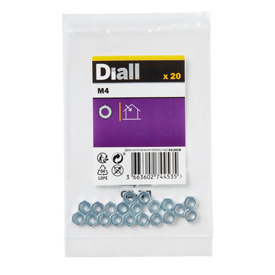 Diall M4 Steel Hex Nut, Pack Of 20
