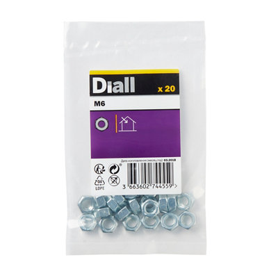 Diall M6 Carbon Steel Hex Nut, Pack Of 20