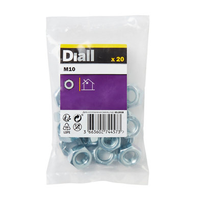 Diall M10 Steel Hex Nut, Pack Of 20