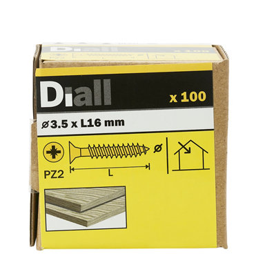 Diall Pz Double-Countersunk Yellow-Passivated Steel Wood Screw (Dia)3.5Mm (L)16Mm, Pack Of 100