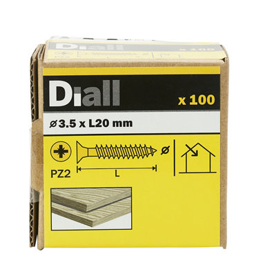 Diall Pz Double-Countersunk Yellow-Passivated Steel Wood Screw (Dia)3.5Mm (L)20Mm, Pack Of 100