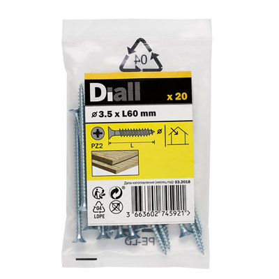 Diall Double-Countersunk Zinc-Plated Carbon Steel Screw (Dia)3.5Mm, Pack Of 20
