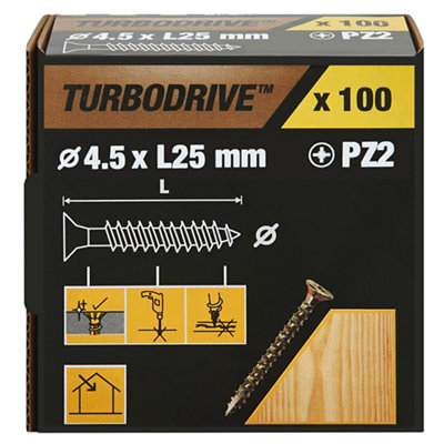Turbodrive Pozidriv Double Self-Countersunk Yellow-Passivated Steel Wood Screw (Dia)4.5Mm, Pack Of 100