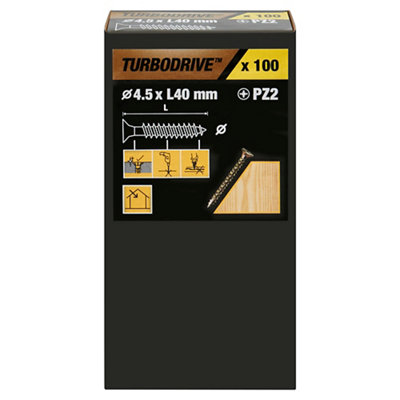 Turbodrive Pozidriv Double Self-Countersunk Yellow-Passivated Steel Wood Screw (Dia)4.5Mm, Pack Of 100