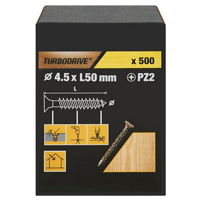 Turbodrive Pozidriv Double Self-Countersunk Yellow-Passivated Steel Wood Screw (Dia)4.5Mm, Pack Of 500