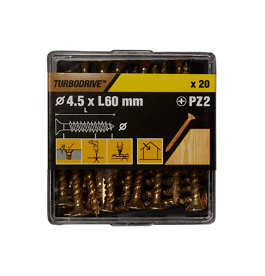 Turbodrive Pozidriv Double Self-Countersunk Yellow-Passivated Steel Wood Screw (Dia)4.5Mm, Pack Of 20