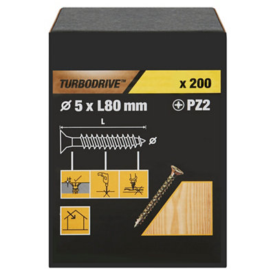 Turbodrive Pz Double-Countersunk Yellow-Passivated Steel Wood Screw (Dia)5Mm (L)80Mm, Pack Of 200