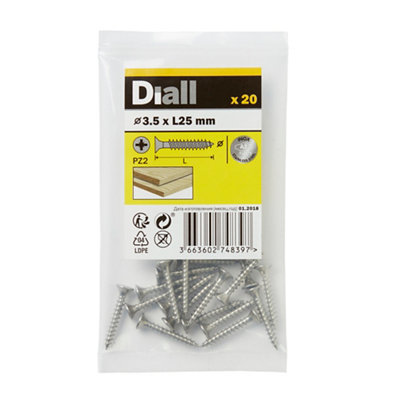 Diall Pozidriv Double-Countersunk A2 Stainless Steel Wood Screw (Dia)3.5Mm, Pack Of 20