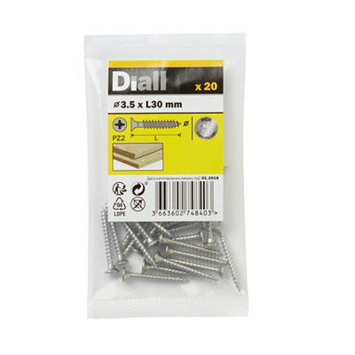 Diall Pozidriv Double-Countersunk A2 Stainless Steel Wood Screw (Dia)3.5Mm, Pack Of 20