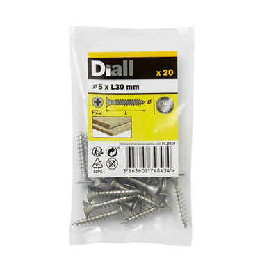 Diall Pozidriv Double-Countersunk A2 Stainless Steel Wood Screw (Dia)5Mm, Pack Of 20