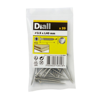 Diall Pozidriv Double-Countersunk A2 Stainless Steel Wood Screw (Dia)3.5Mm, Pack Of 20