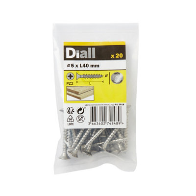 Diall Pozidriv Double-Countersunk A2 Stainless Steel Wood Screw (Dia)5Mm, Pack Of 20